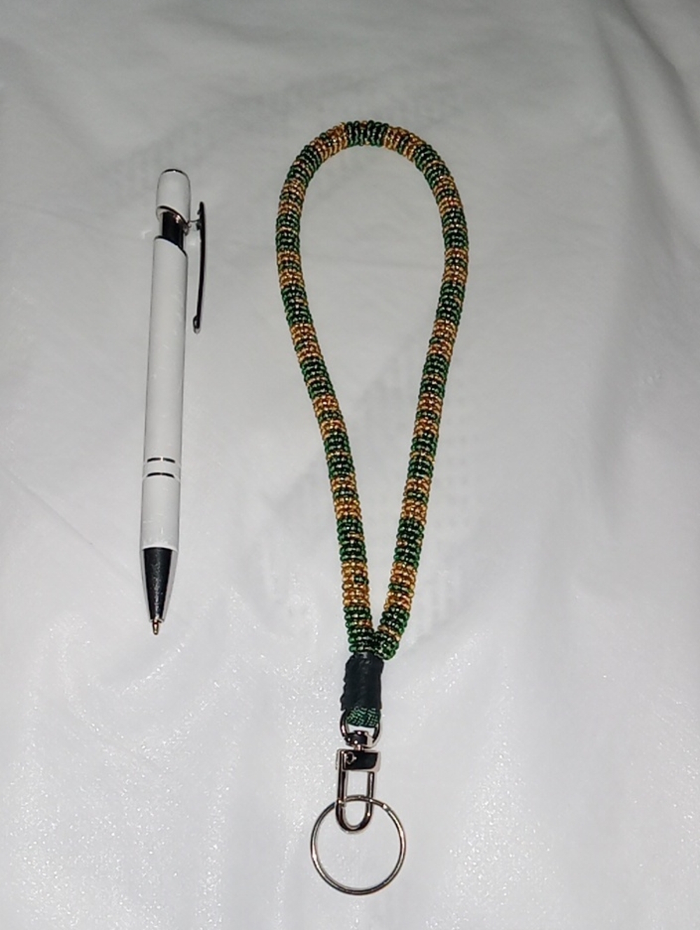 Beaded Green and Gold Lanyard Keychain